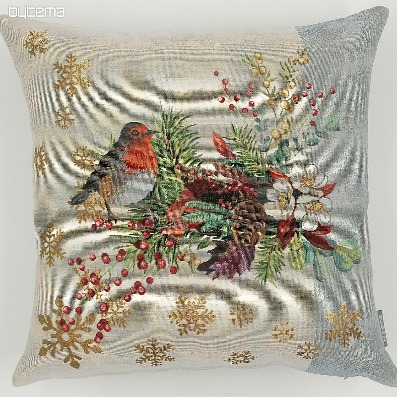 Świąteczna dekoracyjna poszewka na poduszkę Świąteczny ptaszek z szarym paskiem